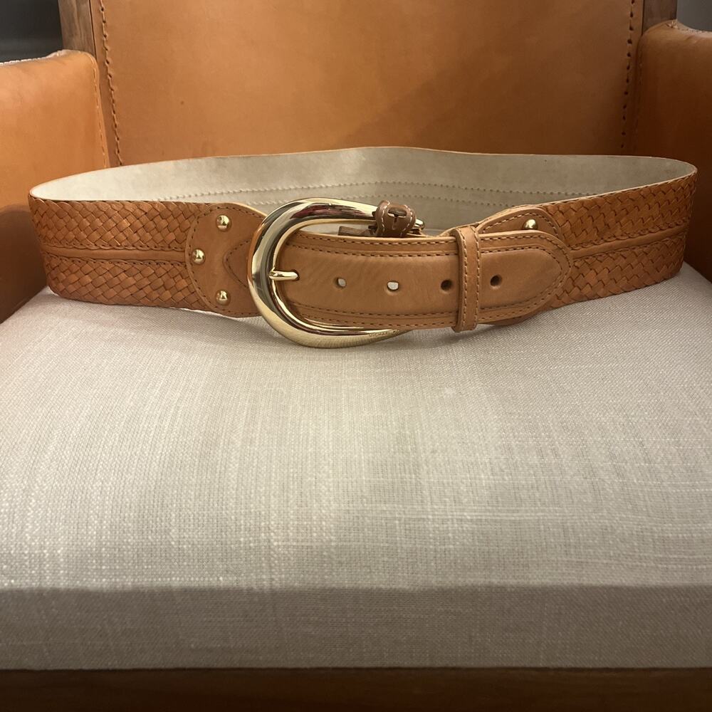 New Michael Michael Kors Wide Leather Belt Large Tan w/Gold Buckle